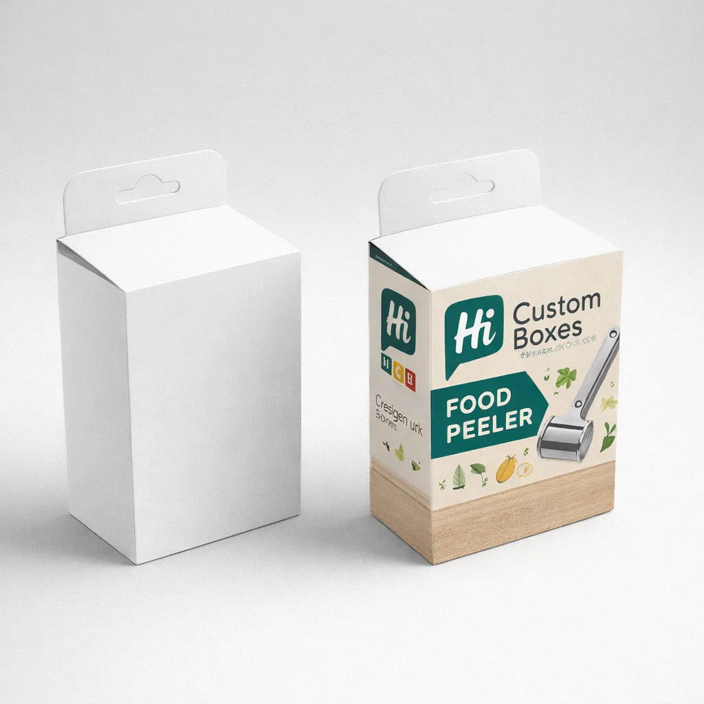 Hanging display boxes with sommelier-style cutouts, shown in plain white and fully printed designs. class=